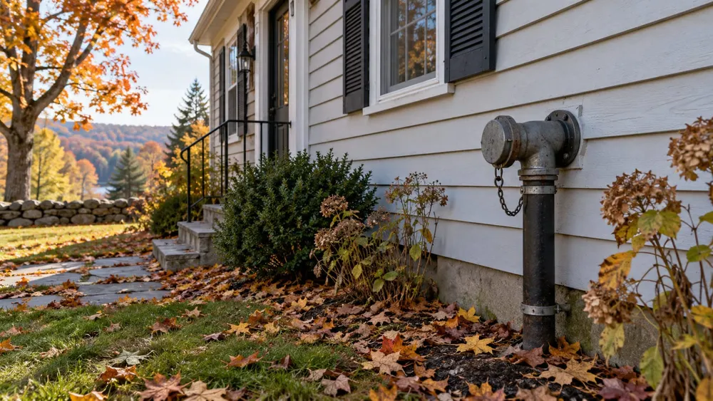 AI-generated illustration of a generic Connecticut home with an outdoor heating-oil fill pipe in autumn; not an actual aid recipient or fuel delivery.