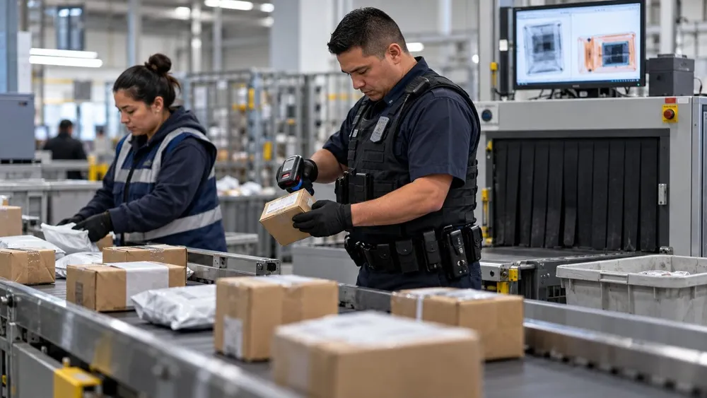Customs and postal workers inspect low-value international parcels at a mail processing facility.
