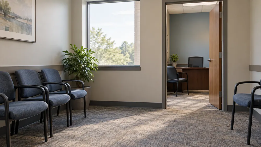 AI-generated illustration of an empty generic administrative office waiting area; not an actual Delaware facility, child placement or overnight stay.