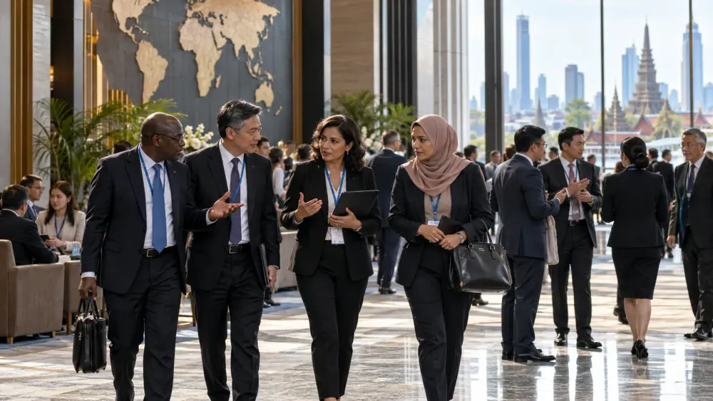 International finance delegates confer inside a modern conference venue in Bangkok.