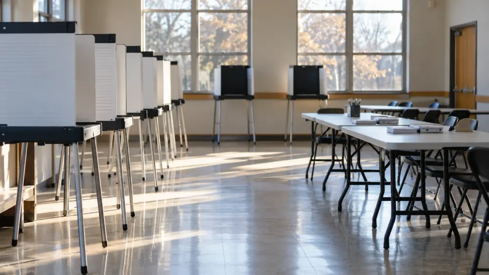Empty polling place prepared with privacy voting booths and tables in natural morning light