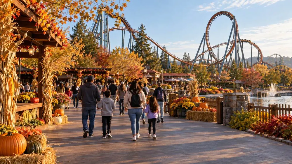 Families walking through an autumn-decorated Northern California amusement park beneath a looping roller coaster
