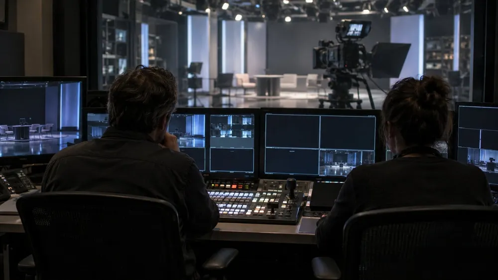 Two television production professionals seated in a generic broadcast control room overlooking a studio camera