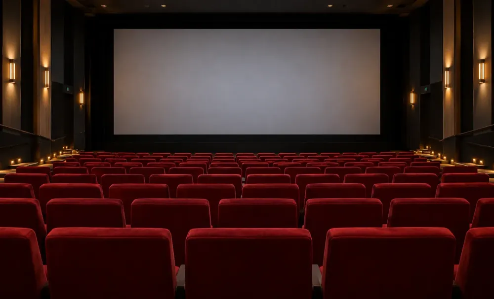 AI-generated illustrative view of an unbranded cinema auditorium with red seats and a blank screen