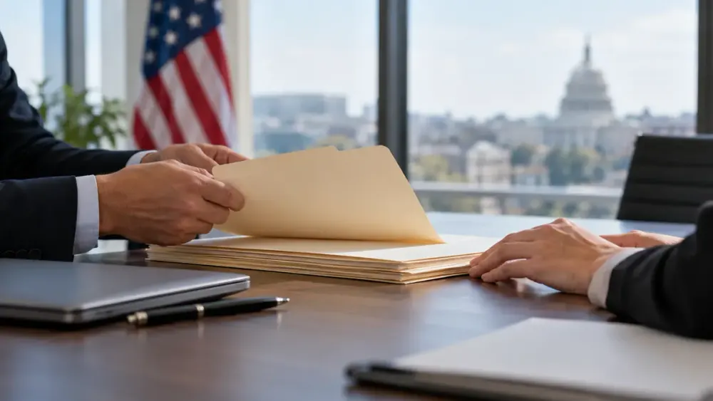 Dois profissionais examinam pastas de inscrição em branco numa mesa de conferência, tendo como pano de fundo o Capitólio dos EUA e a bandeira americana.