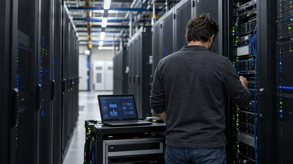 Illustrative view of a technician inspecting servers during enterprise security maintenance.