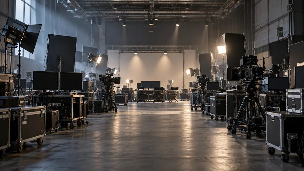 An empty film studio soundstage with cameras, lighting rigs and unmarked production equipment arranged around a central work area.