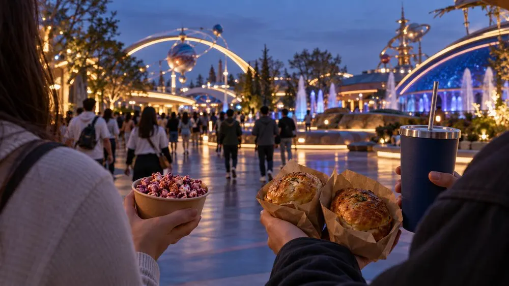 Illustrative generated image of visitors holding two filled buns, berry-colored popcorn and a refillable cup in a futuristic amusement park.