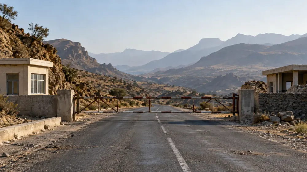 A closed border checkpoint on a mountain road in the Horn of Africa