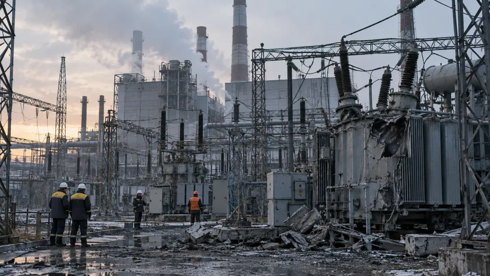 Utility crews inspect damaged electrical equipment at an industrial power facility in cold morning light.