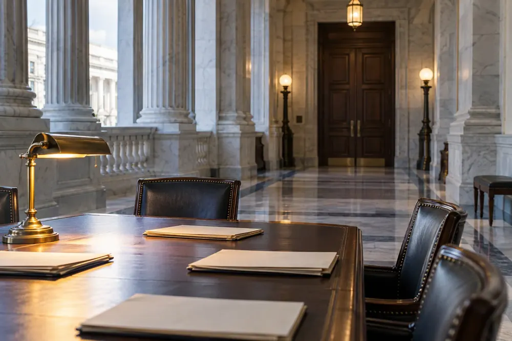 Uma mesa de audiência do Congresso vazia, com pastas sem identificação, num corredor de mármore do Capitólio
