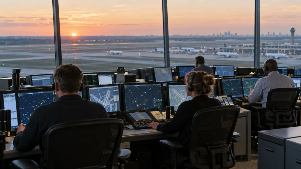 Air traffic controllers monitor aircraft from a control room overlooking an airport at dawn