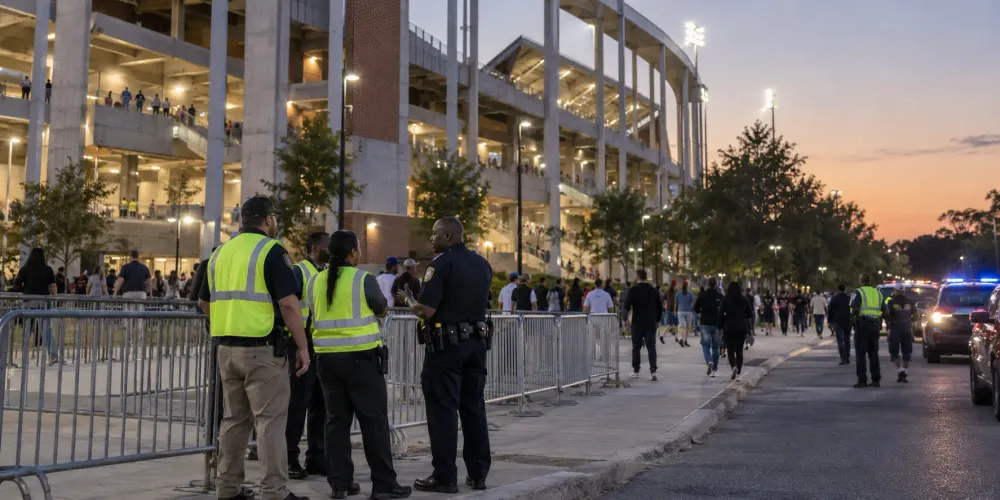 Campus safety and public-safety personnel coordinate outside a university football stadium as attendees depart at dusk.
