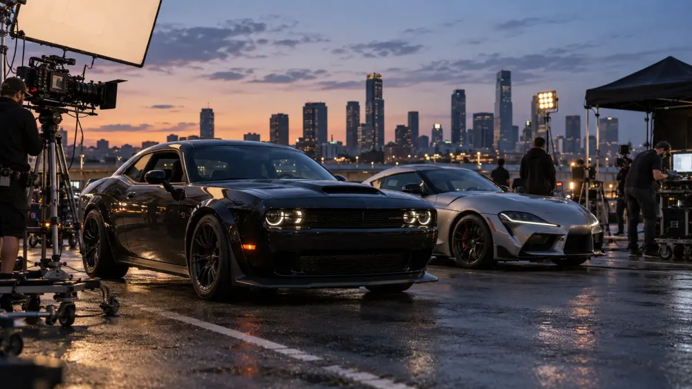 Two unbranded performance cars on a controlled film set at dusk with cameras and crew nearby.