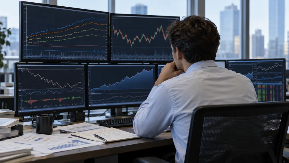Pinag-aaralan ng isang financial analyst ang mga tsart ng bond-market sa ilang monitor sa isang modernong opisina.