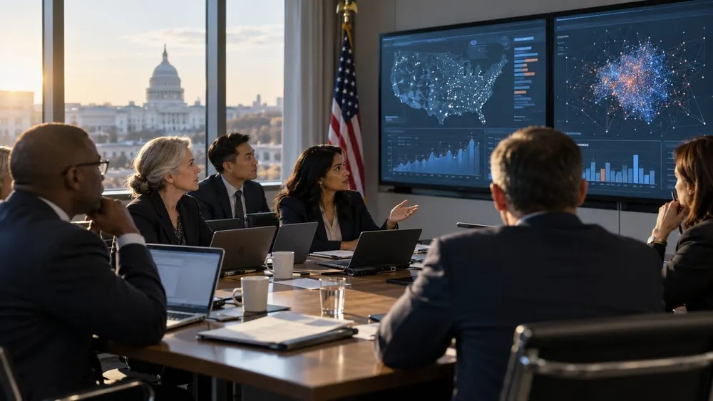 Federal technology and policy officials review AI risk dashboards in a Washington conference room.