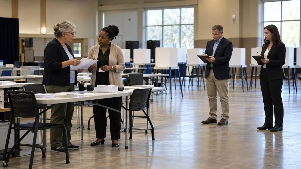 Local election administrators prepare a polling place while two neutral observers take notes nearby.