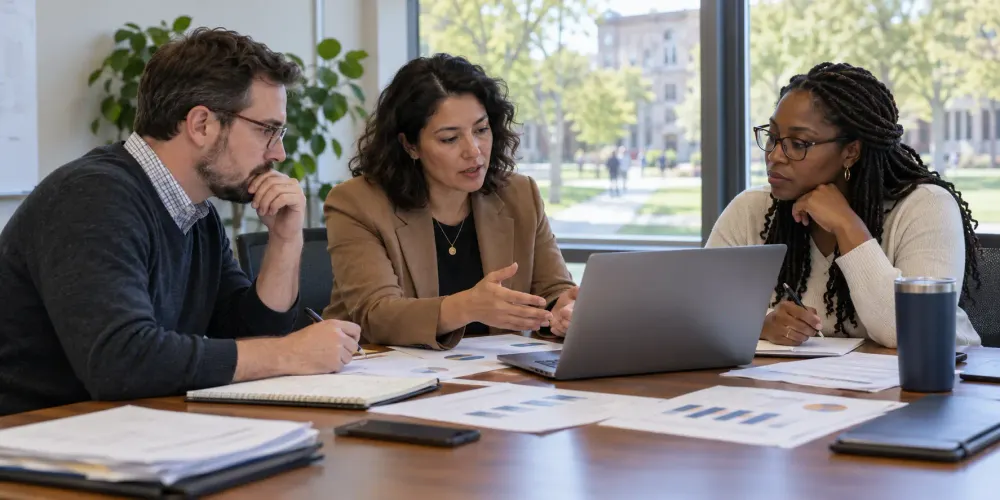 A equipa de segurança do campus universitário e a equipa de assuntos estudantis analisam os dados de relatórios e os procedimentos de prevenção num gabinete administrativo.
