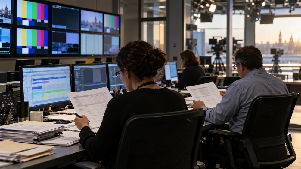 Public communications staff review advertising schedules and invoices in a television production control room.