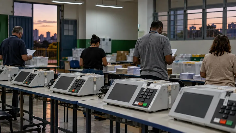 Sinusuri ng mga hindi nagpakilalang manggagawa sa halalan ang mga materyales sa tabi ng mga selyadong elektronikong terminal ng pagboto sa isang presinto sa Brazil pagkatapos bumoto.