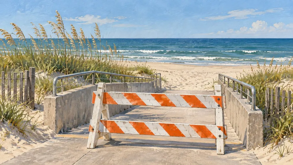 AI-generated illustration of a generic beach-access ramp behind a construction barricade; not the Silver Beach site.