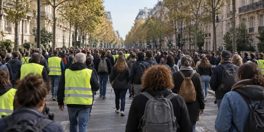 AI-generated illustrative scene of a peaceful crowd, including people wearing yellow vests, walking along a French city avenue.