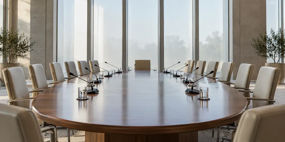 AI-generated illustrative view of an empty conference room with an oval table, chairs and microphones.