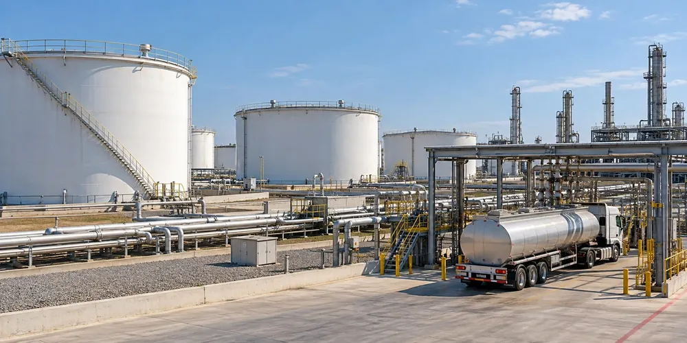 Illustrative view of fuel storage tanks, refinery piping and an unbranded tanker truck at a petroleum terminal.