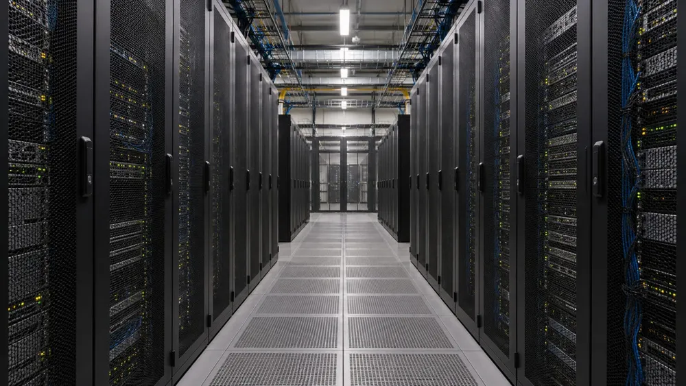 AI-generated illustration of unbranded server cabinets in a generic data-center aisle; not a photograph of a Georgia facility.