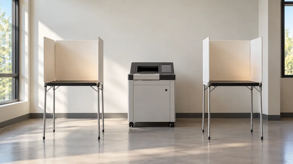 Illustrative view of empty voting privacy booths and an unbranded ballot scanner in a generic polling room.