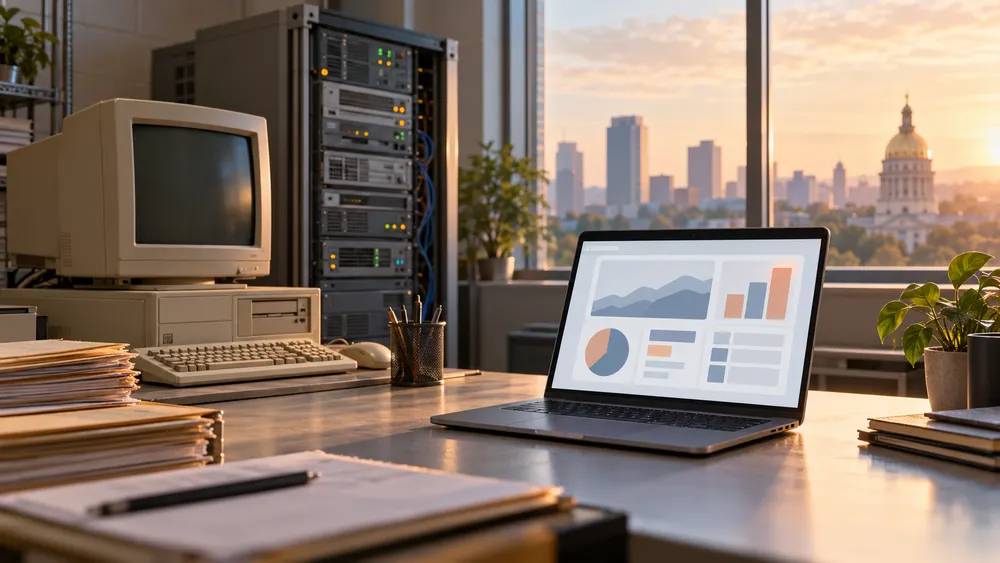 Editorial illustration of a Georgia office technology workspace transitioning from a legacy computer system to a modern unbranded digital dashboard