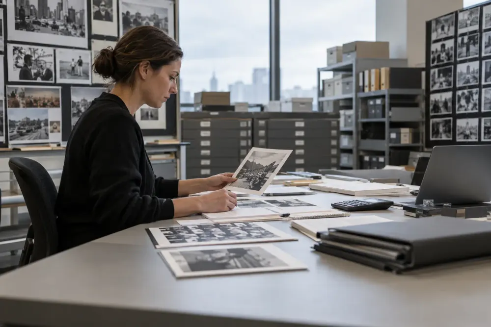 AI-generated editorial scene of an archive employee reviewing photographs and financial materials in a generic institutional photo archive.