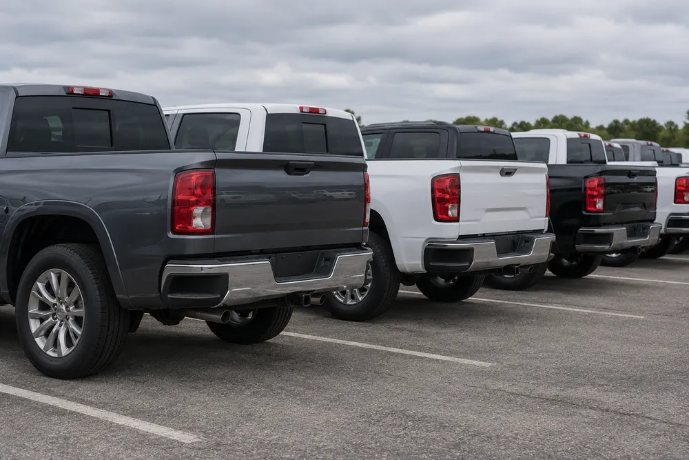 AI-generated illustrative view of unbranded pickup trucks in a vehicle storage lot; not a photograph of a GM facility.