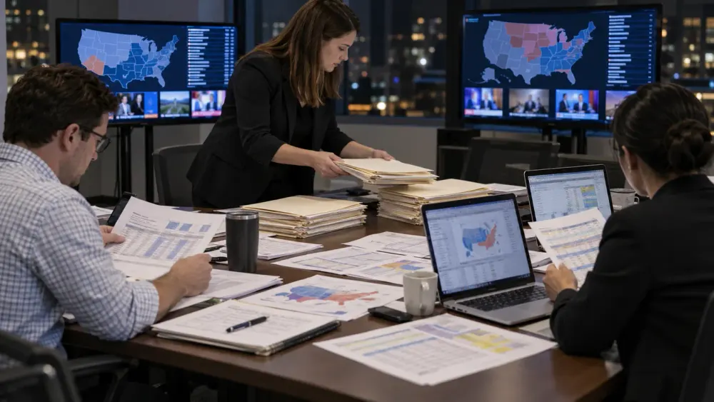 Political campaign media planners review advertising budgets and television market maps.