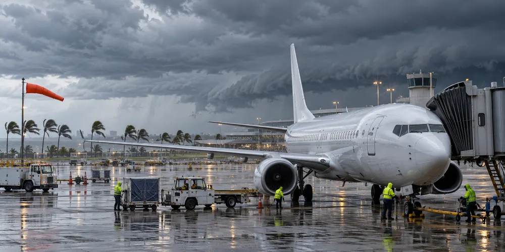 Aviões comerciais de passageiros e equipas de terra num aeroporto da Costa do Golfo sob nuvens de tempestade que se aproximam