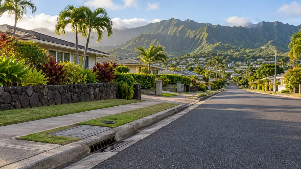 AI-generated illustration of a quiet Hawaiian residential street with utility infrastructure and distant green hills; not a photograph of a specific project.