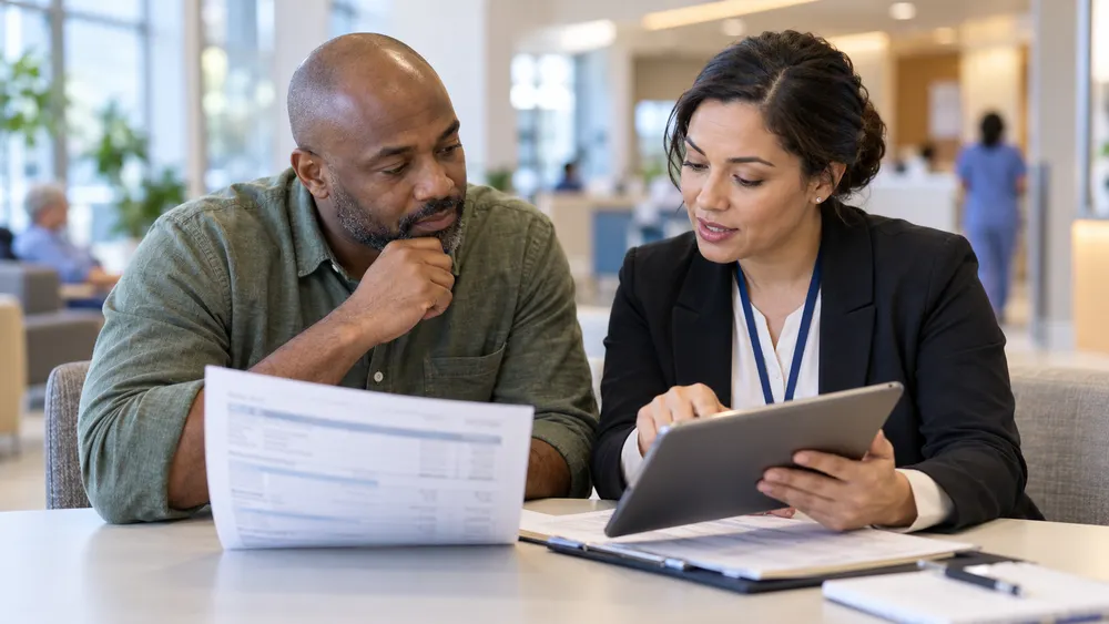 Illustrative view of a patient reviewing a healthcare cost estimate with a hospital financial counselor.