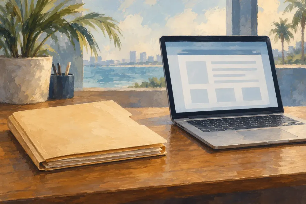 AI-generated conceptual illustration of a plain folder and generic laptop; not an actual county office, permit or software screen.