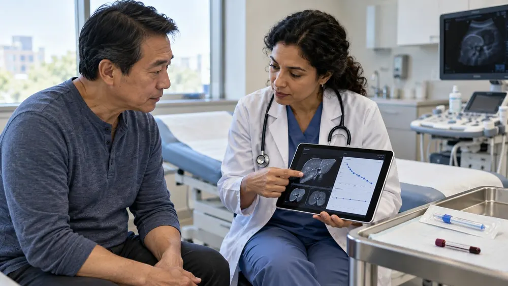 A clinician discusses liver imaging and treatment monitoring with an adult patient in a hepatology clinic.