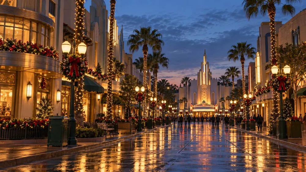 Illustrative generated image of an Art Deco theme-park boulevard decorated for a winter holiday evening.