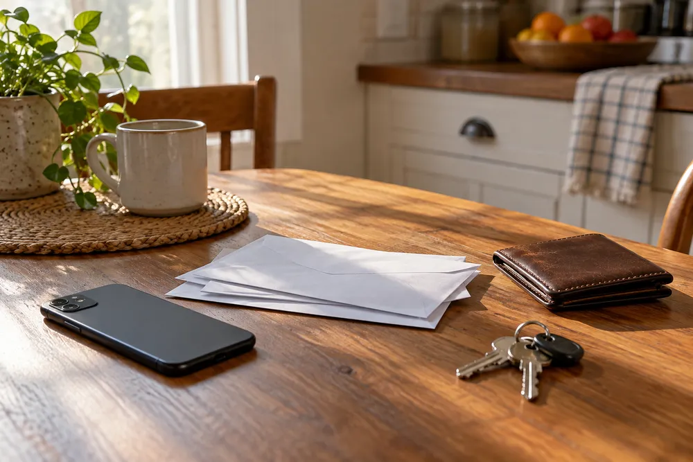 AI-generated illustrative household table with an unbranded smartphone and envelopes; not a Cleo customer or an actual refund payment.
