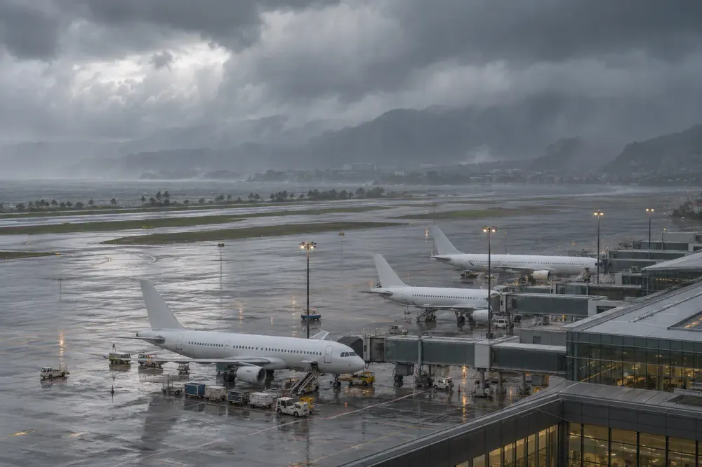 Um tranquilo pátio de aeroporto na costa do Pacífico sob nuvens de tempestade carregadas, com aeronaves de passageiros comuns estacionadas perto de um terminal moderno e a chuva a cair com intensidade na pista.