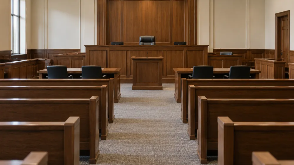AI-generated illustration of an empty generic courtroom with wooden benches; not a photograph of Shirts’s swearing-in or an Idaho court.