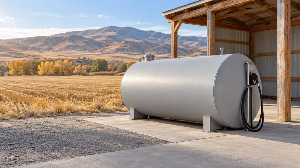 AI-generated illustration of a plain fuel tank beside a timber shelter and harvested field in rural Idaho; not a photograph of an actual inspection or event.