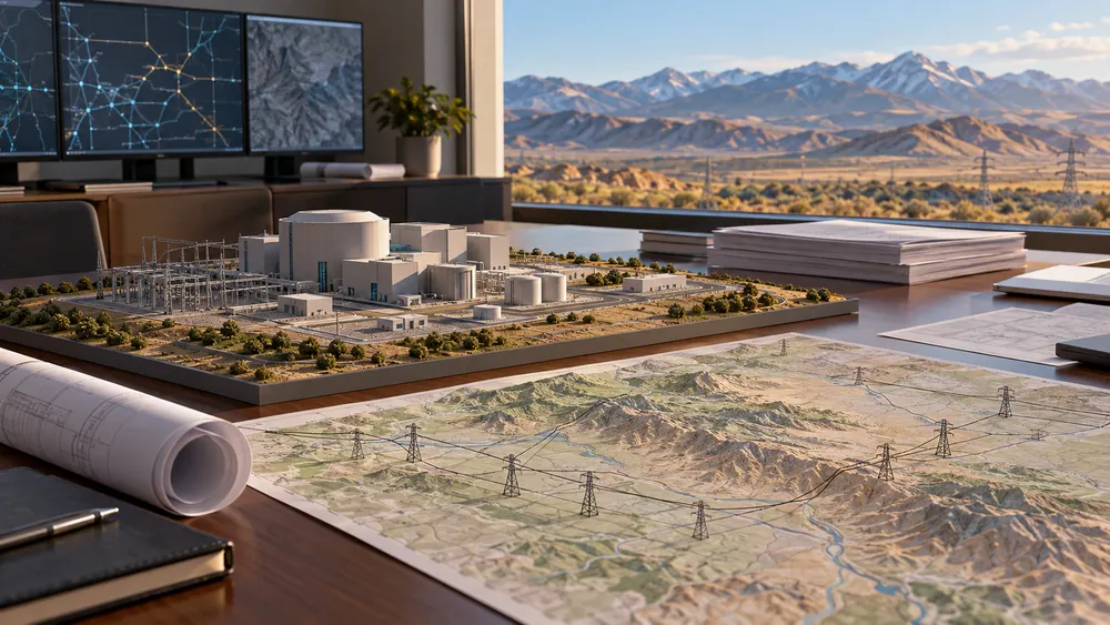 Editorial illustration of an Idaho utility-planning desk with a generic small modular reactor model and transmission-grid map