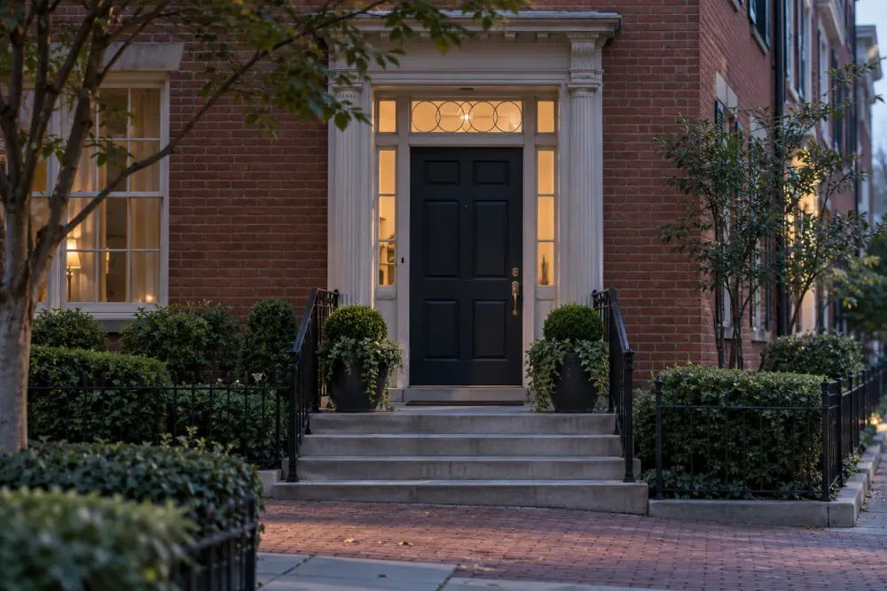 Illustrative view of a closed brick townhouse entrance in Washington at dawn