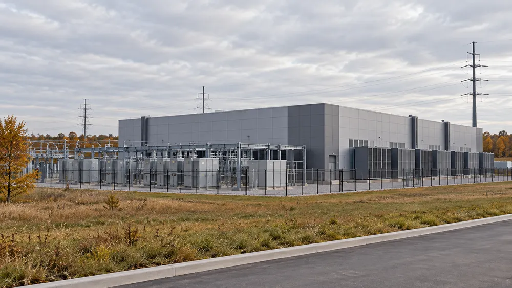 AI-generated illustration of a generic data-center exterior and electrical infrastructure in Illinois; not a photograph of a specific facility or legislative event.