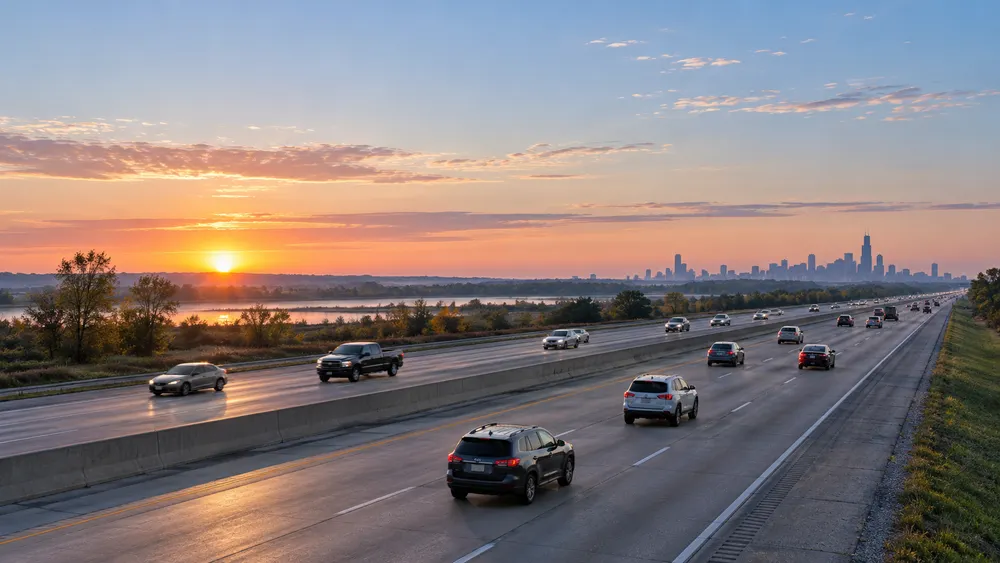 Illustrative morning traffic on an Illinois interstate with unbranded passenger vehicles and light trucks.