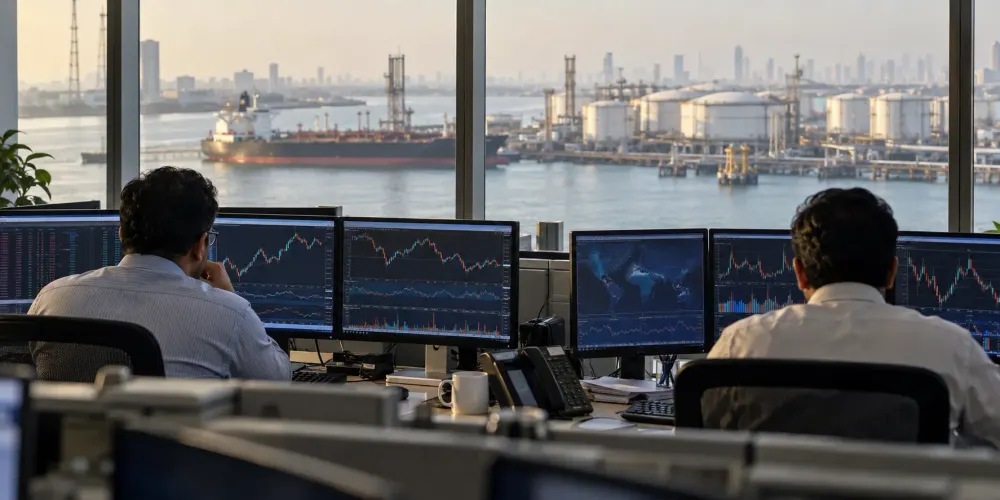 Dois operadores de câmbio monitorizam os gráficos do mercado numa sala de negociação sem identificação em Mumbai, com vista para um terminal petrolífero e um navio-tanque.
