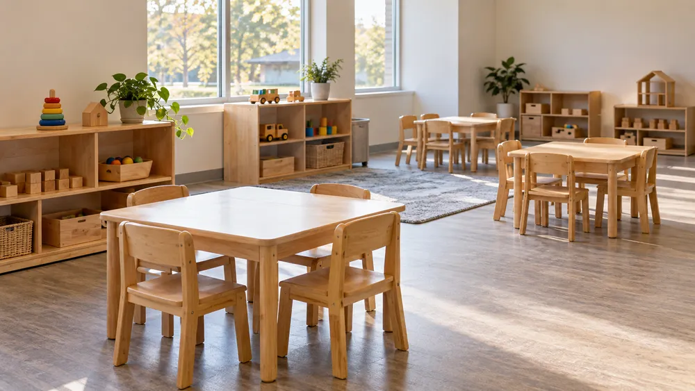 AI-generated illustration of an empty generic child-care classroom with small tables, chairs and toy shelves; not a photograph of a particular Indiana provider.